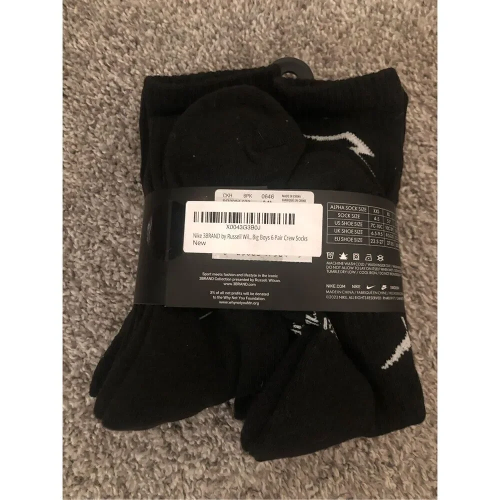 Nike x 3Brand Crew Socks 6 Pack Kids Size Medium shoe size 5Y-7Y